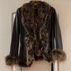 Cache limited edition leather fur lined jacket